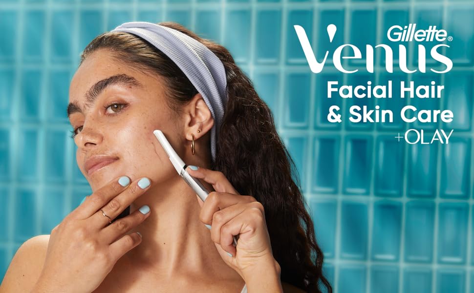 Woman shaving her face with the Venus Facial Hair Dermaplaning Razor