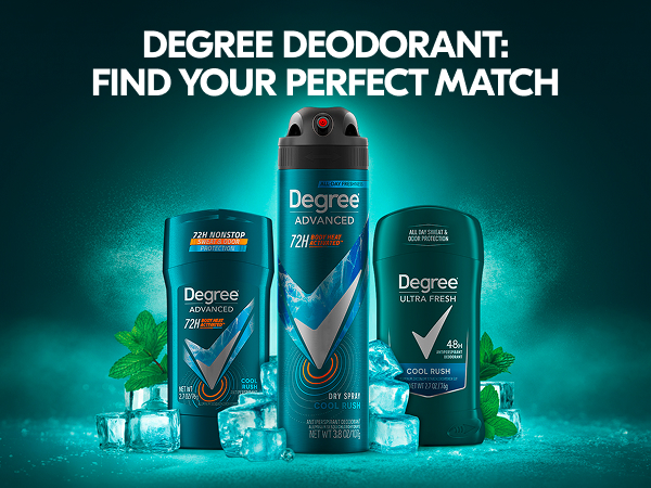 3 Degree Deodorant variants with mint pieces and ice chunks next to text.