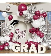 Burgundy White Silver Balloon Arch Kit, 2026 Graduation Decorations, 130Pcs Maroon White Silver B...