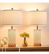 SAIWEYA Crystal Table Lamps Modern 3-Way Dimmable Bedside Lamp with 2 USB Ports & AC Outlets for ...