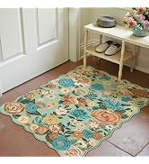 PureCozy Washable Floral Area Rug 2x3 Green Small Entryway Carpet Scalloped Flower Non Slip Soft ...