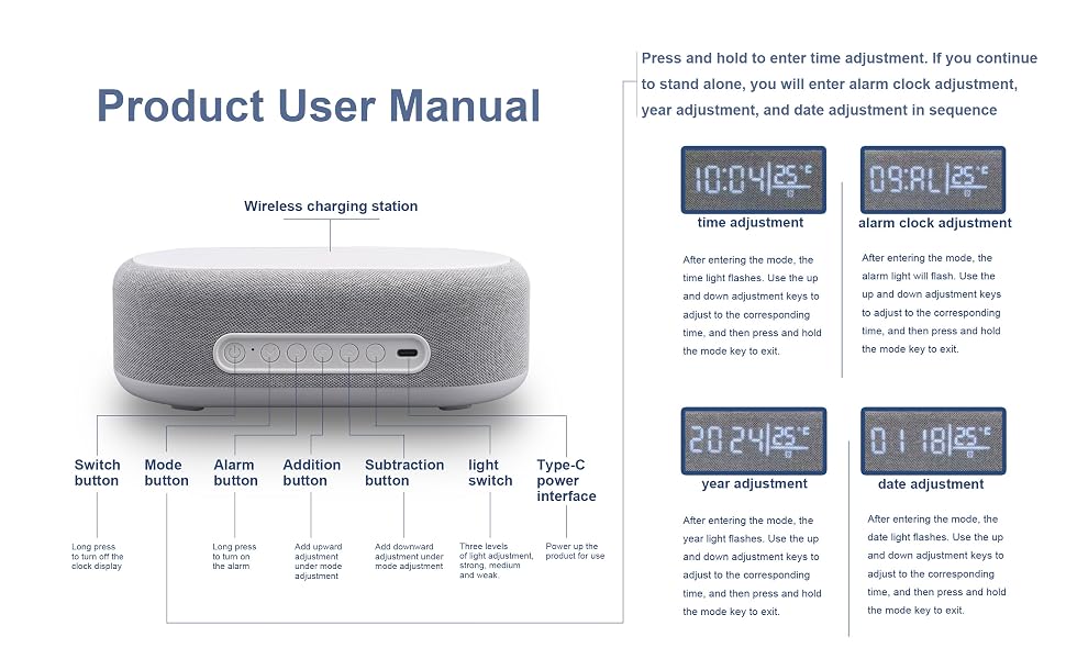 Product user manual for a wireless charging station. Displays device features and LCD screen examples showing various charging modes and statuses.