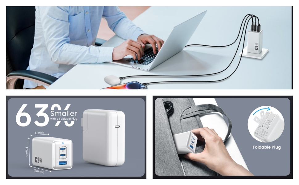 128W USB C Multiport Charger, GaN III 3-Port USB Charging Station Fast Charger Power Adapter