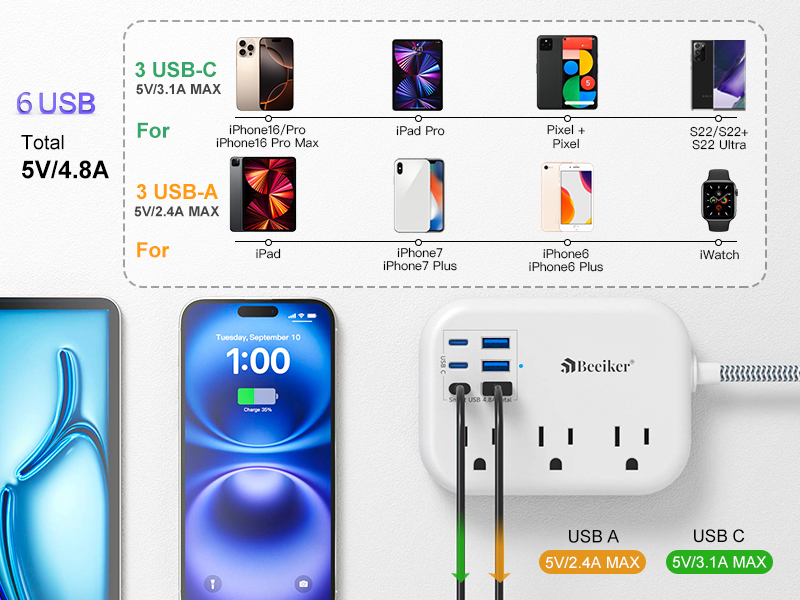6 USB surge protector power strip 10ft