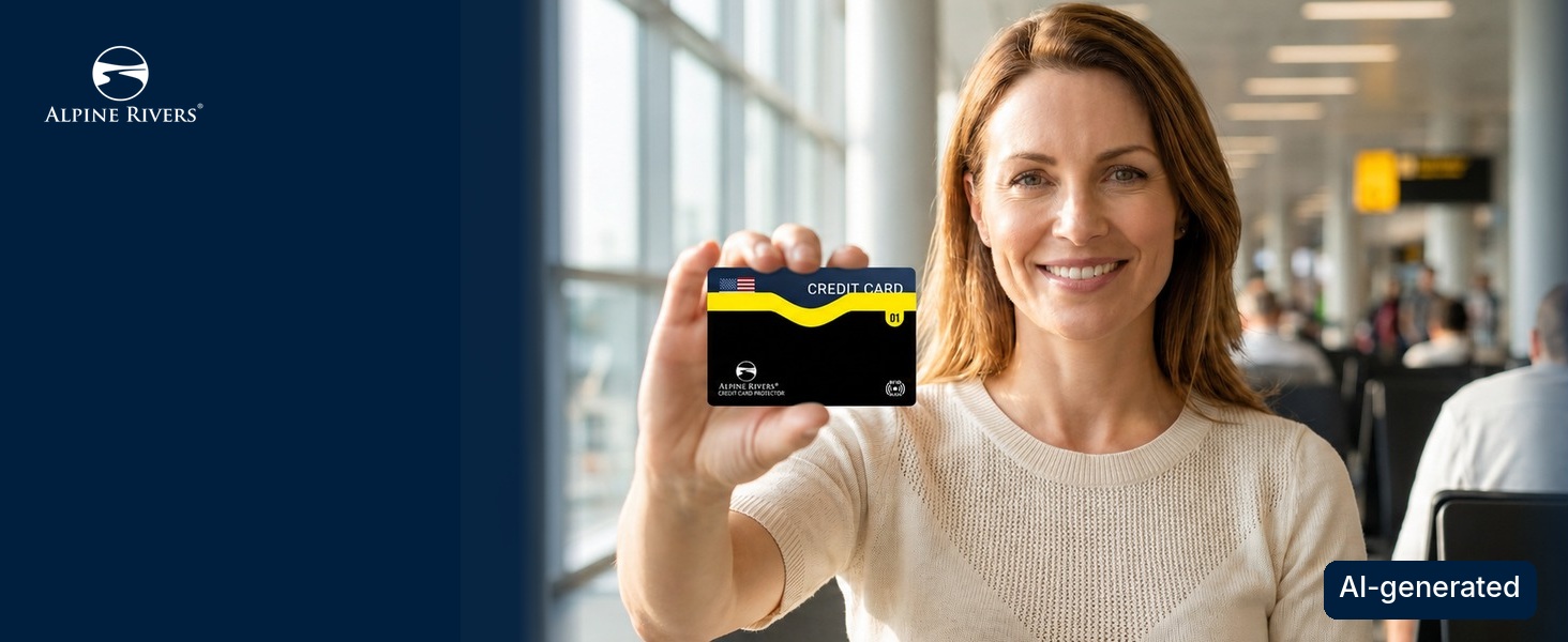 Woman traveller holding Alpine Rivers colour-numbered RFID blocking card sleeve at the airport