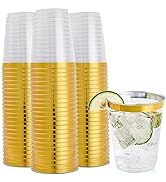 FOCUSLINE 100 Pack Gold Rimmed Plastic Cups 10oz Clear Plastic Cups Tumblers, Fancy Disposable Ha...