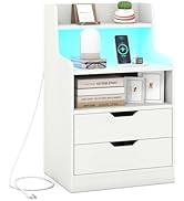 Giantex LED Night Stand with Charging Station, End Side Table w/Open Shelves, 2 Storage Drawers, ...