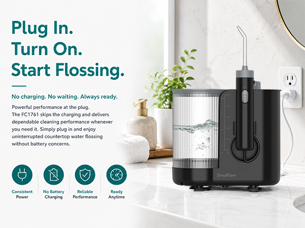 SimpliCare FC1761 countertop water flosser with 10 pressure levels, 600ml tank and 8 tips.