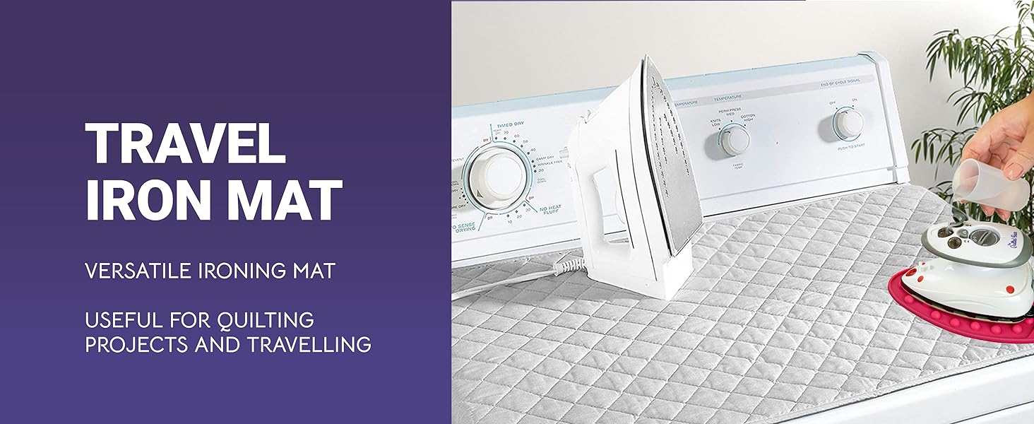 Portable ironing mat with quilted surface. White, foldable design shown with iron in use. Advertised as versatile for quilting projects and travel.