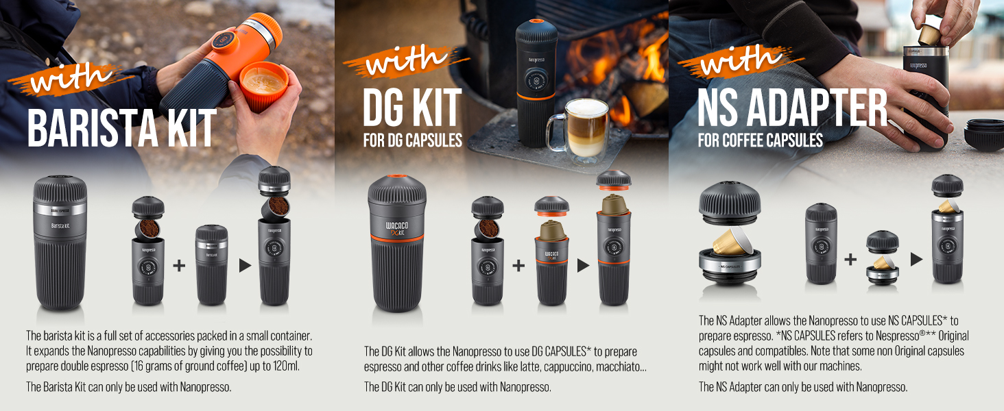 Product lineup showing three coffee-related kits with black components, labeled as Barista Kit, D6 Kit, and NS Adapter with technical illustrations.