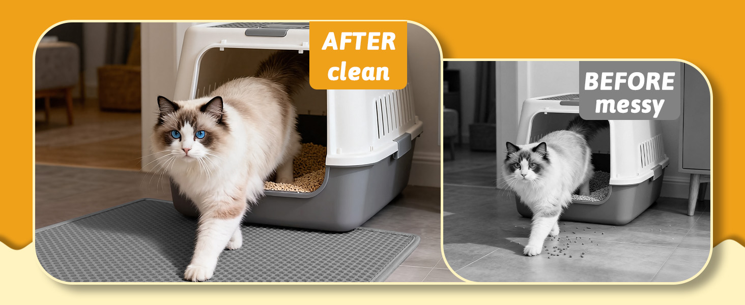Text reads: 'AFTER' 'BEFORE'. Before-and-after comparison showing cat litter box. Left image labeled 'AFTER' shows cleaned litter box, right image labeled 'BEFORE' shows soiled litter box with cat.