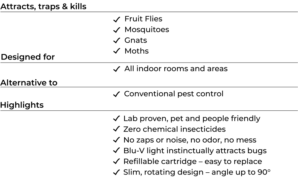 Attracts, traps & kills fruit flies, mosquitoes, gnats, moths