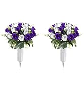 U'Artlines 2Pcs Artificial Cemetery Flowers with Vase for Grave Silk Memorial Rose Flowers Outdoo...