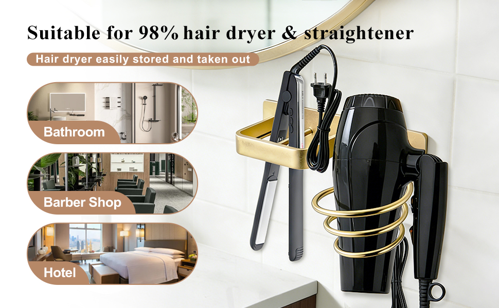 Text reads 'Suitable for 98% hair dryer & straightener'. Collection of home interior images showing bathroom and vanity spaces with mounted accessories.