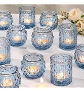 DARJEN Blue Votive Candle Holders Set of 24- Round Candle Holders Bulk, Glass Candle Holder for W...