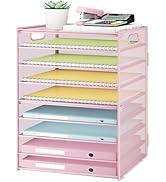 Subekyu 9 Tier Paper Letter File Tray Organizer for Desk, Pink Large Mesh Desk Folder Sorter Orga...