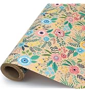 VCOOHM Floral Kraft Wrapping Paper Roll – 17 Inch x 16.4 Feet – Elegant Garden Flower Design – Gi...