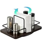 Napkin Holder for Table, Rectangular 360° Rotating Wooden Lazy Susan Napkin Dispenser with Salt a...