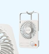 Portable white and cream-colored compact fan with handle, featuring minimalist design suitable for personal desk or travel use.