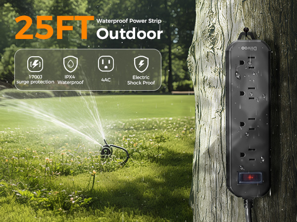Outdoor Power Strip Weatherproof, 25 FT Extension Cord