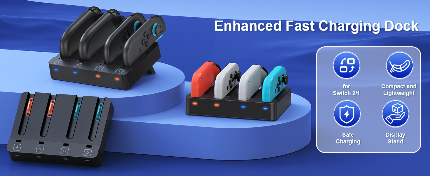 Enhanced fast charging dock with multiple slots shown in black, featuring colorful charging ports in orange, gray, and turquoise. Interface icons display charging capabilities.