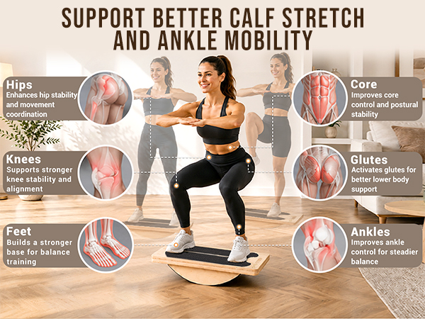 Balance board training supports hips, knees, feet, core, glutes, and ankles.