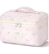 HBselect Quilted Makeup Bag, Portable Cotton Large Travel Makeup Bag, Cute Coquette Pink Floral C...