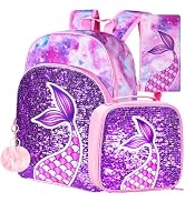 gxtvo 3PCS Girls Backpack, 16" Sequin Prechool Elementary Bookbag and Lunch Box