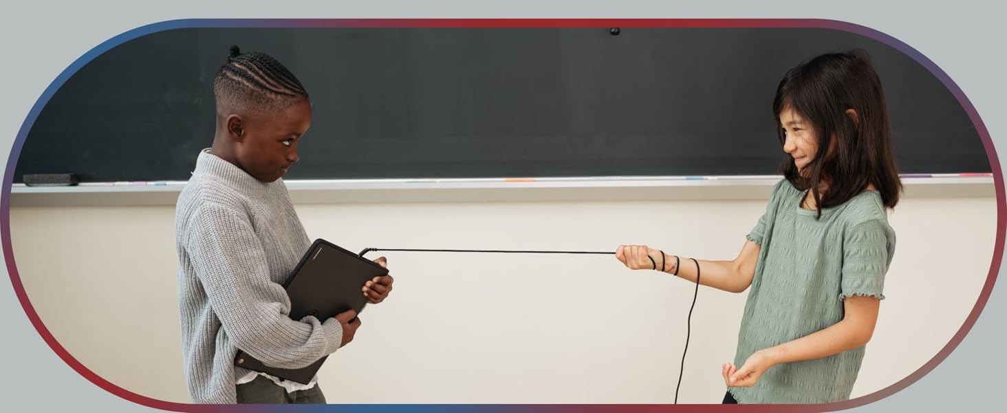 Two children testing the reinforced connection durability of Cyber Acoustics headsets