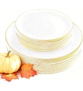 KIRE 60PCS Gold Plastic Plates - Thanksgiving Heavy Duty White Disposable Plates with Gold Rim fo...