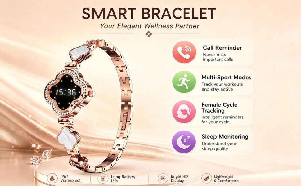 Women's four leaf clover smart bracelet, elegant rhinestone metal female cycle tracking