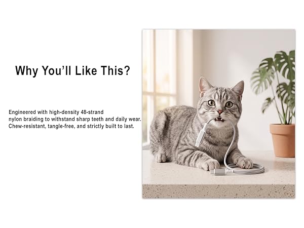 Cat biting the cable demonstrates its chew-resistant 48-strand nylon braiding.