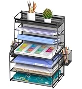 handimp 7 Tier Desk File Organizer, Black Metal Letter Tray Paper Organizer with Pull-Out Drawer,...