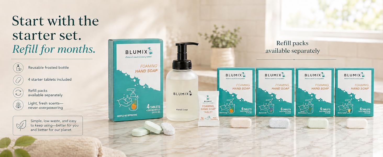 Start with the hand soap starter set and continue refilling with the convenient refill packs
