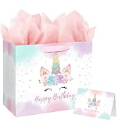 13" Large Unicorn Birthday Gift Bag with Card and Tissue Paper for Baby Girls and Kids Birthday