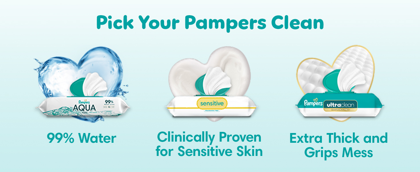 Pick you Pampers Clean. Pamper Aqua Pure baby wipes, Pampers Sensitive, Pampers Ultra Clean