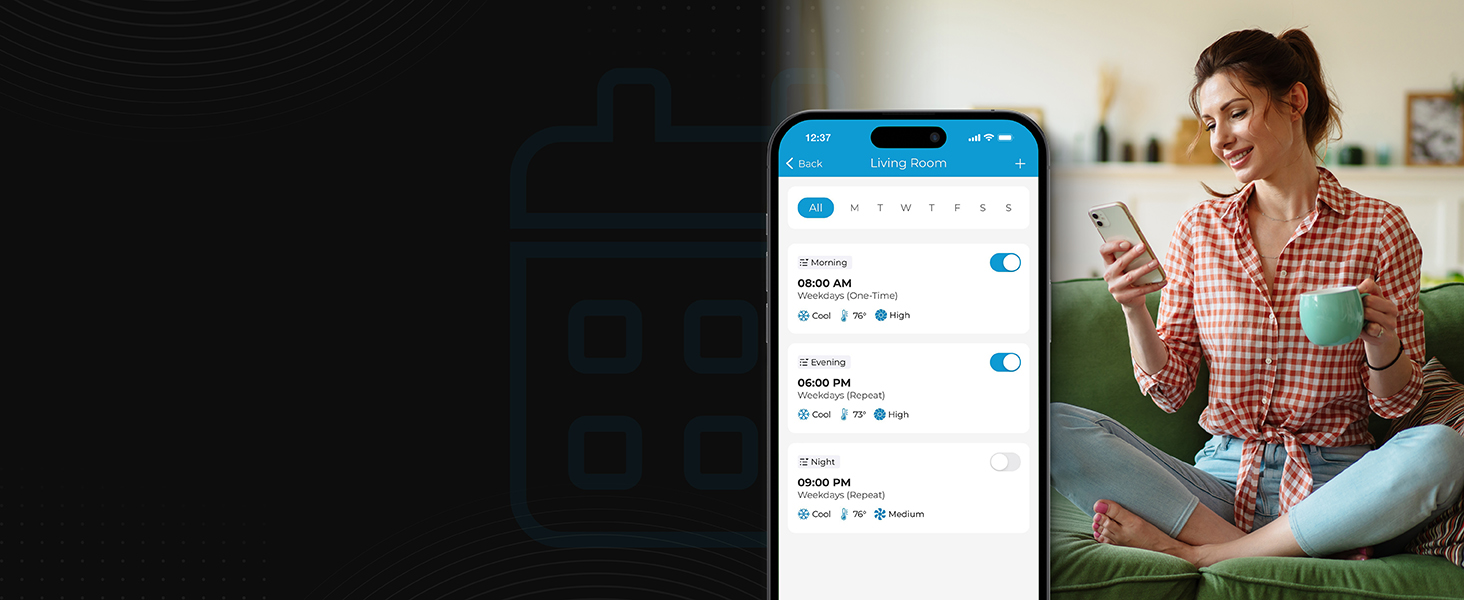 Set weekly schedules to automate heating and cooling according to routine with Cielo Breez Eco