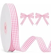 KINGLAKE Pink Gingham Ribbon - 5/8" x 50Yards Pink and White Ribbon for Gift Wrapping Polyester P...