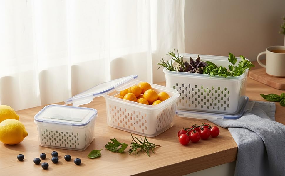 Fruit Storage Containers for Fridge with Removable Colanders