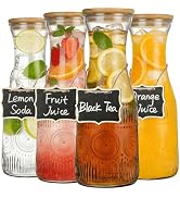 YOUEON 4 Pack Glass Carafe with Lid, 1 Liter Beverage Pitchers Carafes for Mimosa Bar with Bamboo...