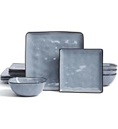 Famiware Dinnerware Sets for 4, Ocean Square 12-Piece Kitchen Plates and Bowls Sets, Reactive Gla...