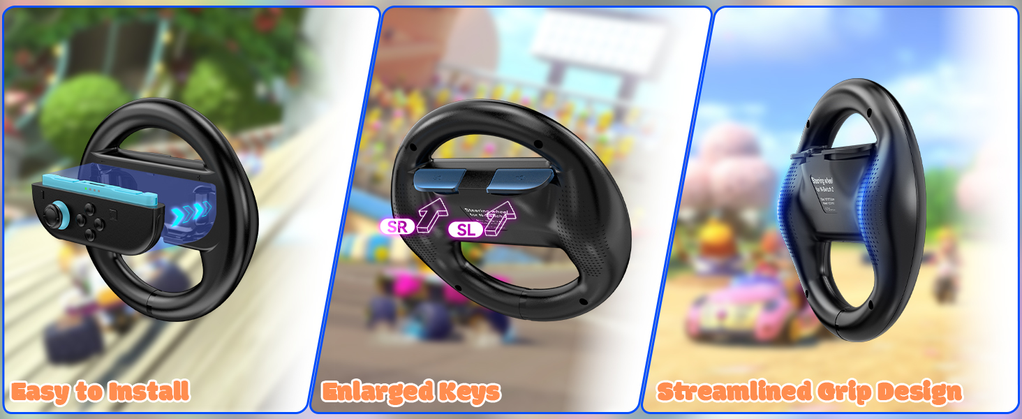 Three views of a black steering wheel attachment for gaming. Left panel shows blue side grip, center panel displays enlarged keys, right panel highlights streamlined design.