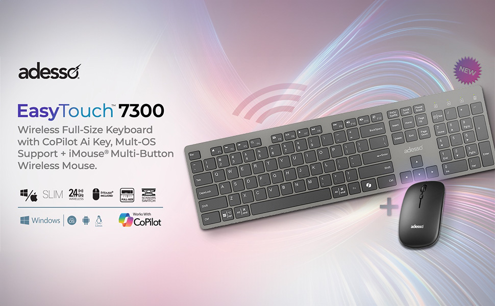 Multi OS Wireless Scissor Switch Keyboard and Mouse With a CoPilot AI Hotkey and Quiet Switches
