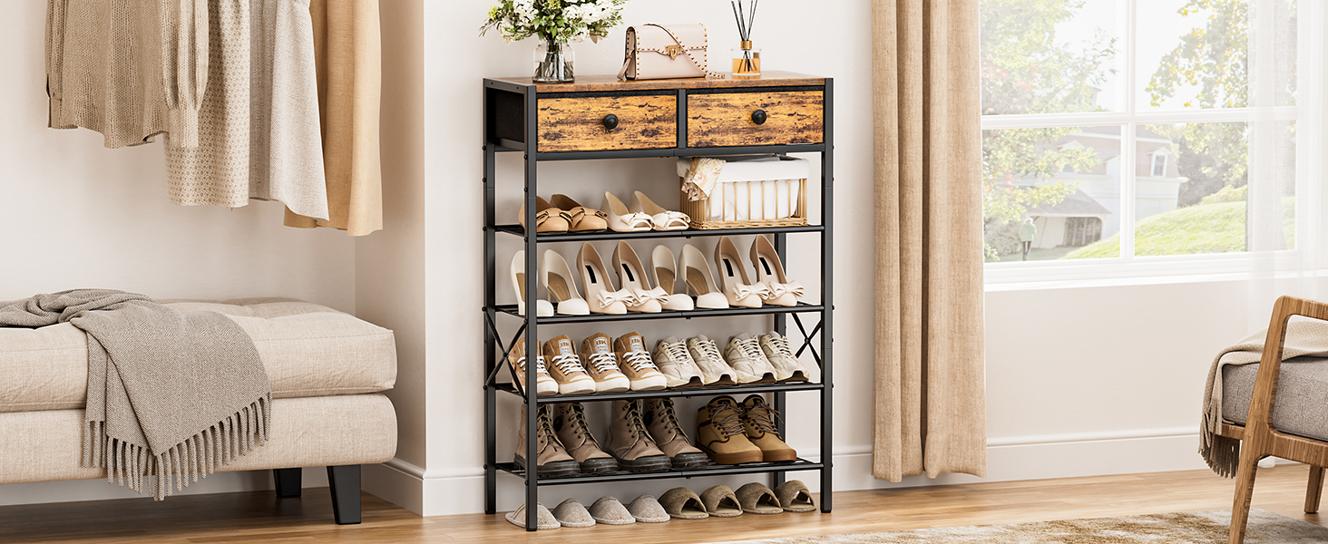 5 Tier Shoe Rack for Entryway, Shoe Storage Organizer with 2 Drawers, Metal Shoe Shelf