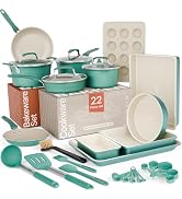 Pots and Pans Set, 22-Piece Non Stick Cookware & Bakeware Sets with Plaid Pattern, Stackable Desi...