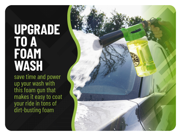 Foam gun spraying thick suds from the Chemical Guys Arsenal Builder Car Wash Kit
