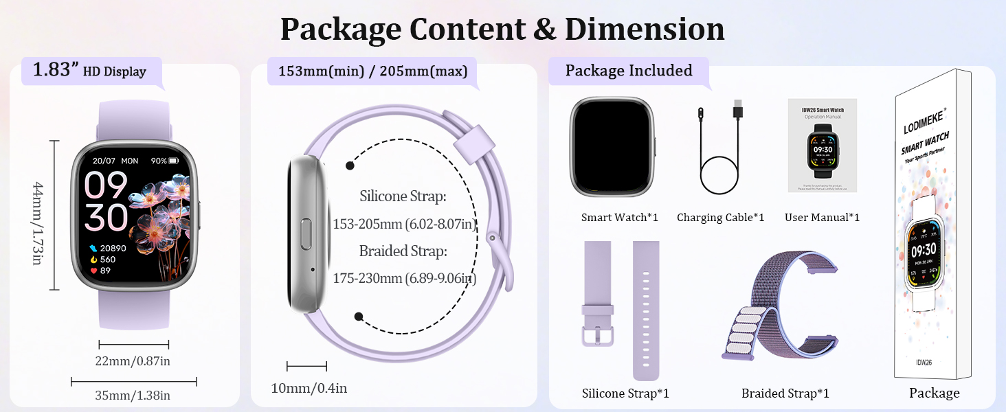 Text reads 'Package Content & Dimension'. Identical smartwatch product diagram as Image 1 showing specifications and included accessories.