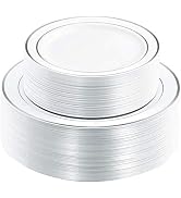 I00000 102pcs Silver Plastic Plates, Disposable Plastic Party Plates with White Silver Rim Heavy ...