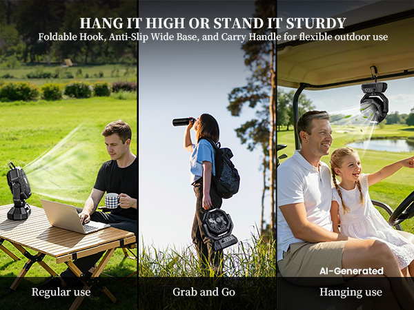 Rechargeable fan camping: hang high or stand sturdy with foldable hook and anti-slip base