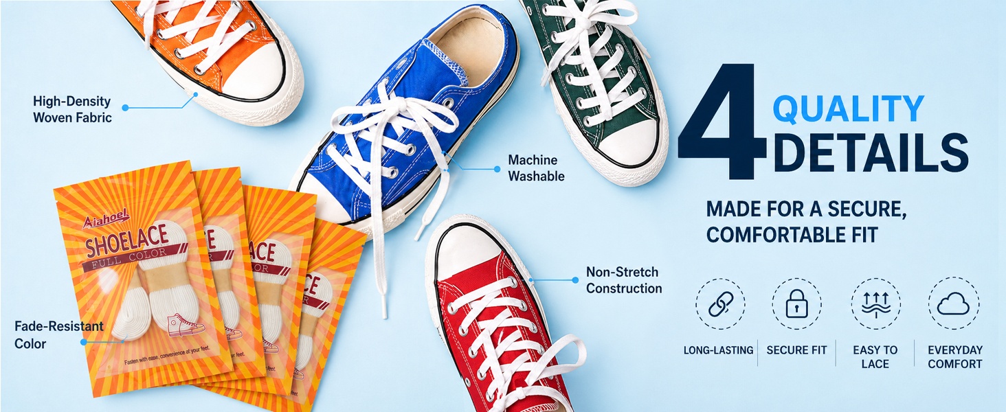 Aiahoel shoelaces: high-density, machine washable, non-stretch, fade-resistant quality details.